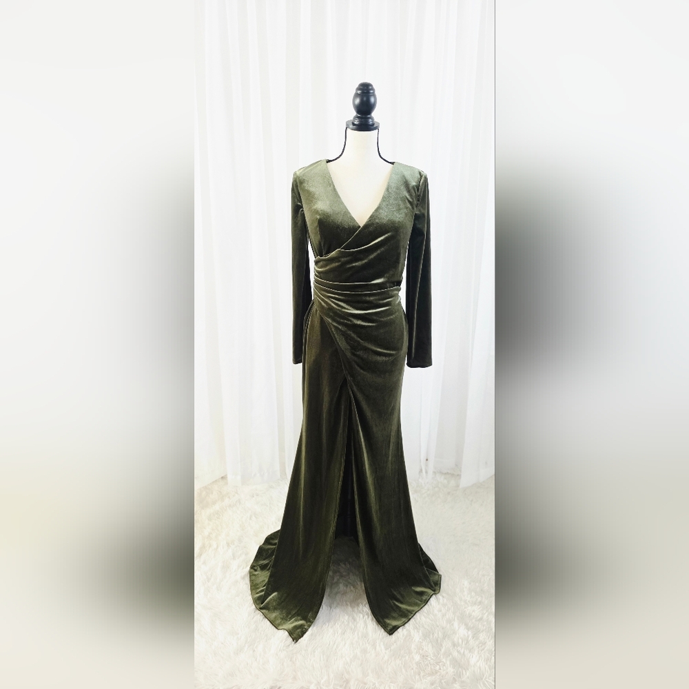 Olive Green Velvet Wrap Dress - Elegant Long Sleeve Evening Dress